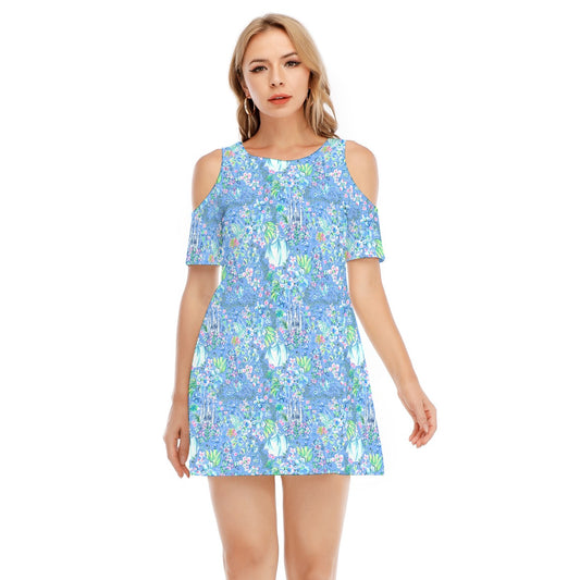 Bright Tropical Princess - Royal Beach Day - Women's Cold Shoulder Cotton Dress