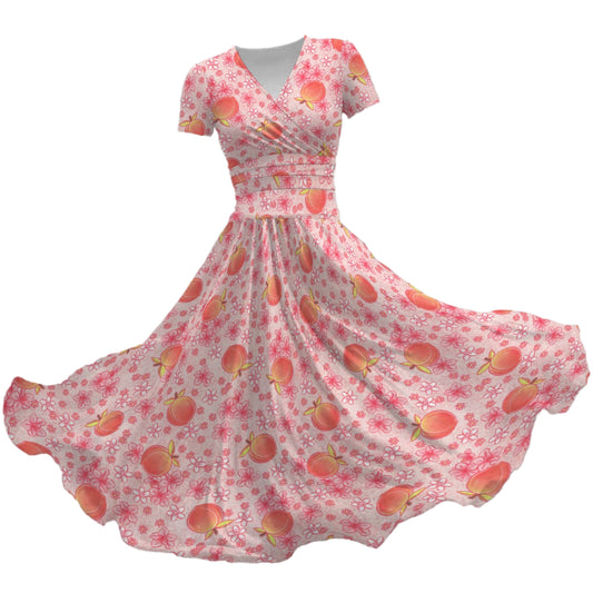Summer Fruits - Peaches - Women's V-Neck Ruched Midi Dress