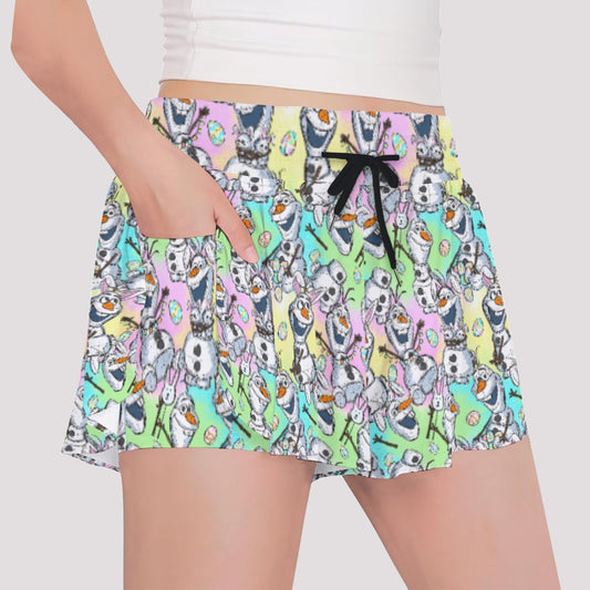 Sketched Snowman Easter - Girls’ Flowy Pocket Shorts