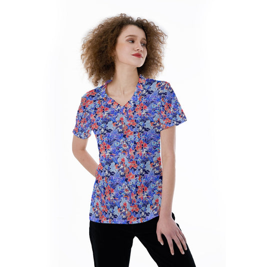 Navy Blooms Cruise - Women's Short Sleeve V-Neck T-Shirt
