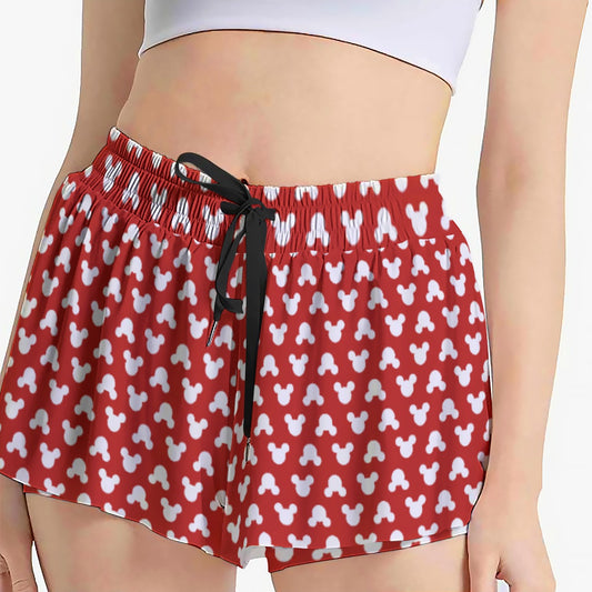 Playful Polka Dot Ears Red - Women's Flowy Pocket Shorts