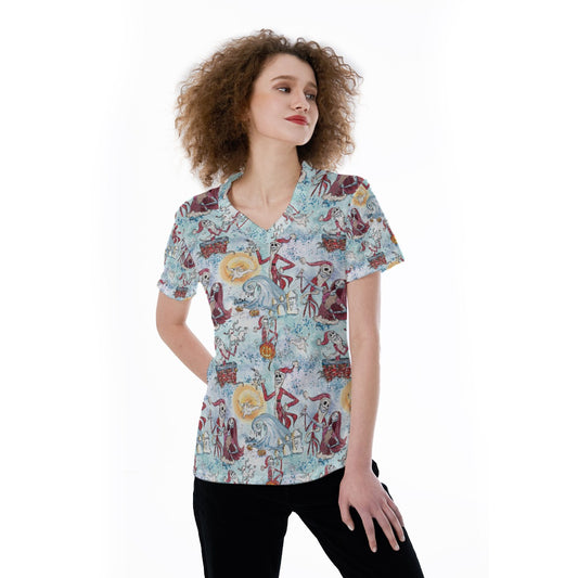 Santa Jack with Sally & Ghost DogZero - Women's Short Sleeve V-Neck T-Shirt