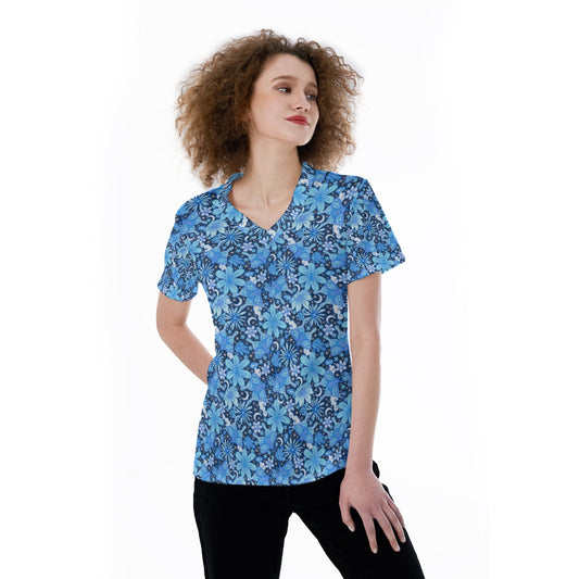 Blue Crystal Moths - Women's Short Sleeve V-Neck T-Shirt