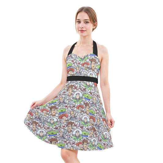 Sketch Autographs of Animated Toy Friends - Women's Halter Vintage Pocket Dress