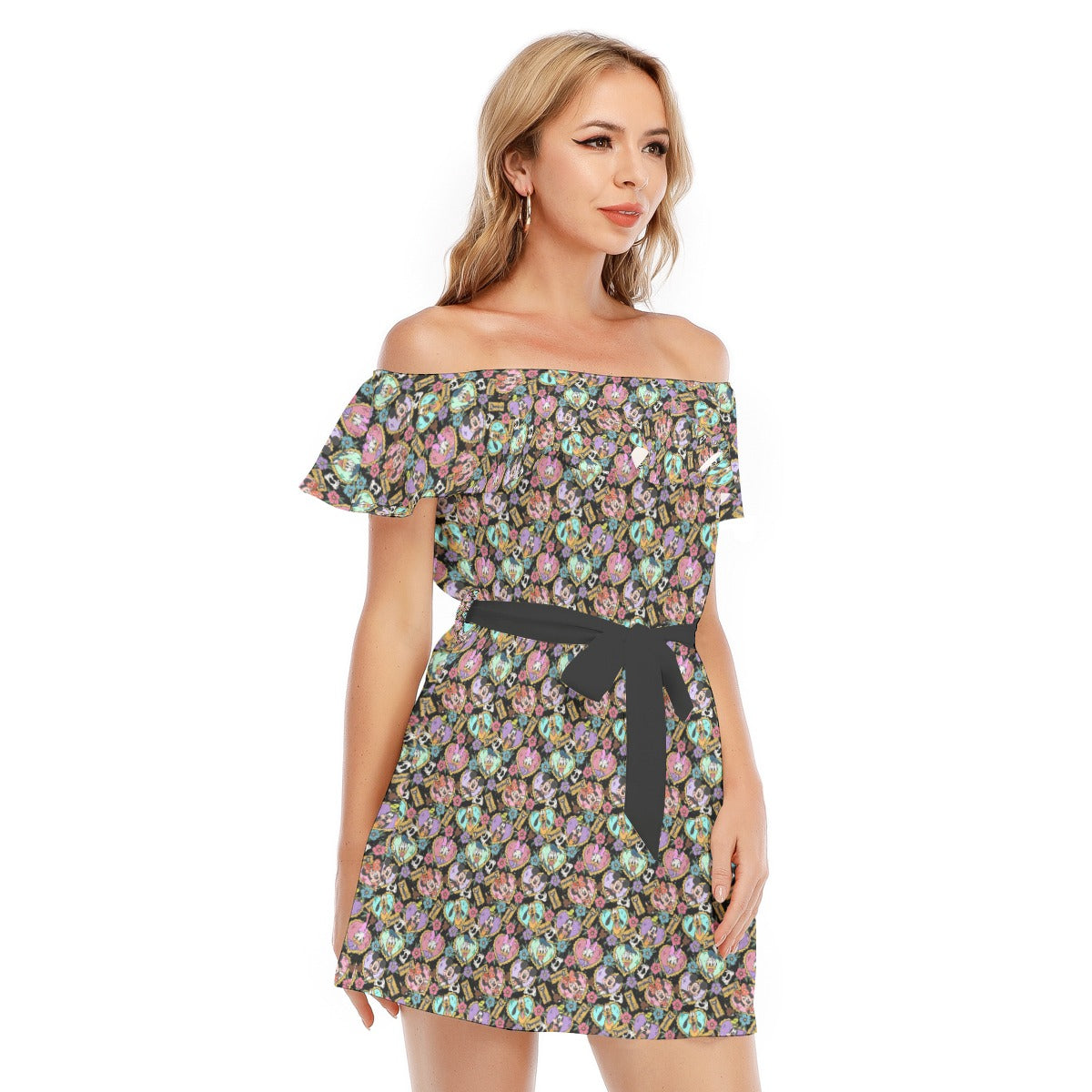 Tattoo Hearts Classic Crew - Women's Off-shoulder Ruffle Dress