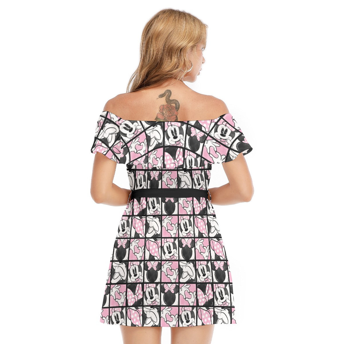 Mouse Bow Block Party - Women's Off-shoulder Ruffle Dress