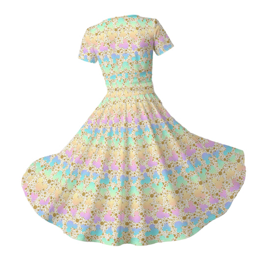 Gold Dot Rainbow Mouse Ears Castle - Women's V-Neck Ruched Midi Dress