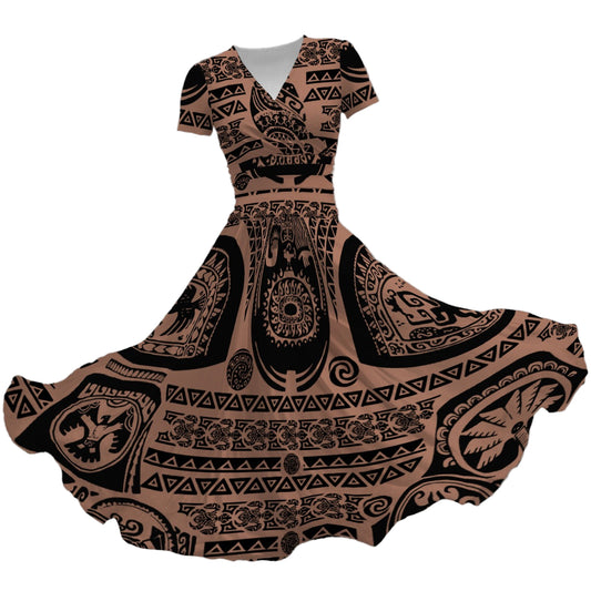 Polynesian Tattoo Motifs - Women's V-Neck Ruched Midi Dress