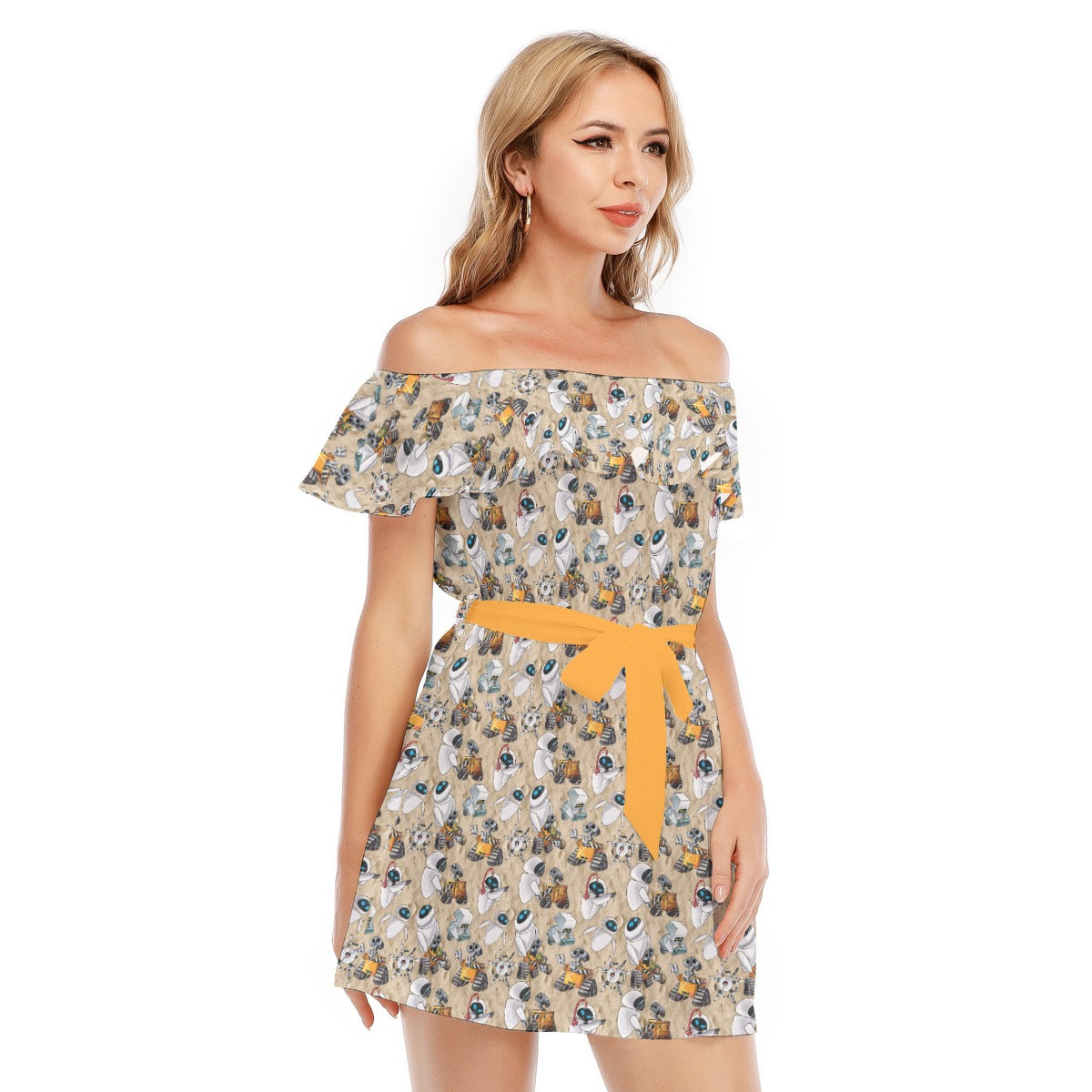 Robot Romance Sketched - Women's Off-shoulder Ruffle Dress