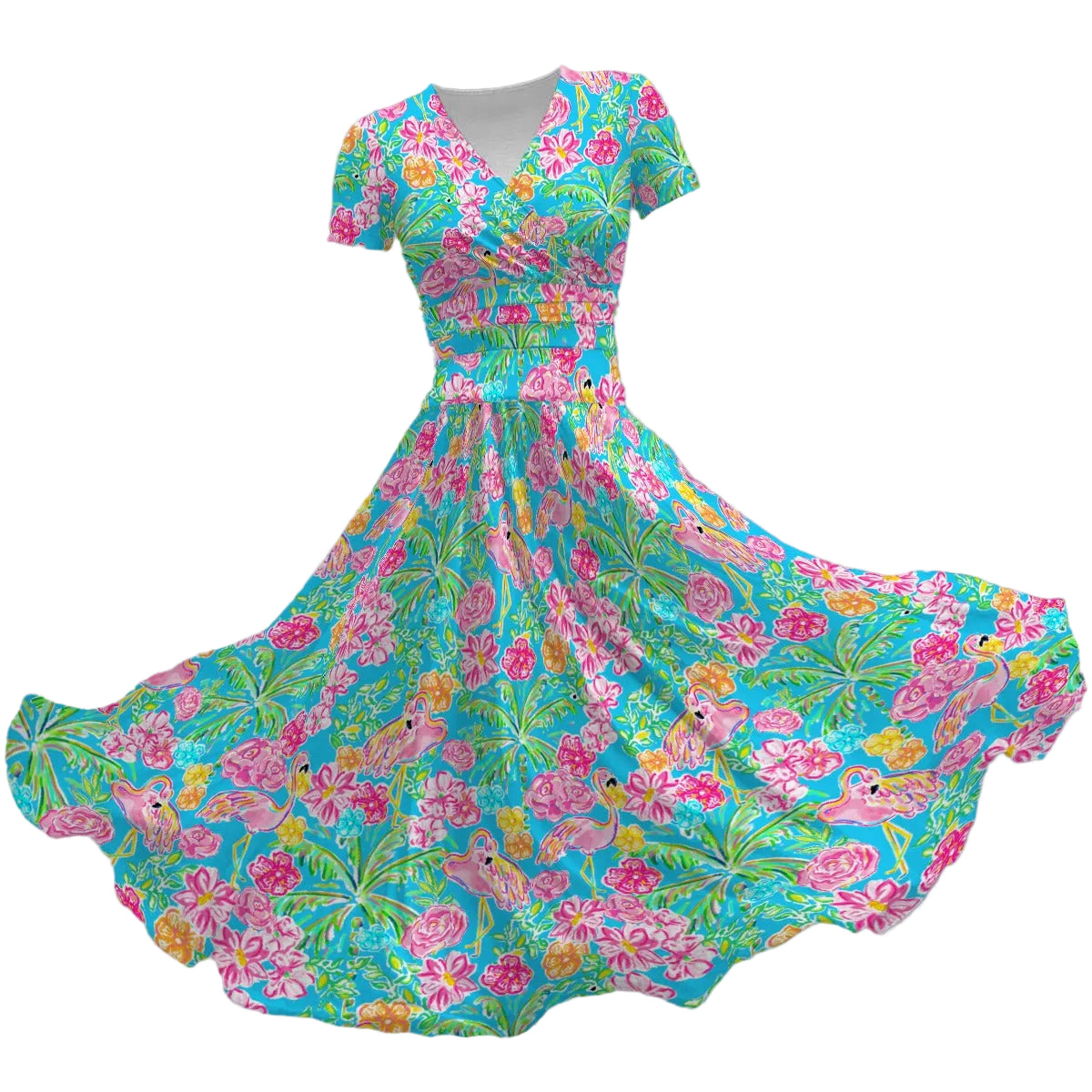 Flamingo Fiesta - Women's V-Neck Ruched Midi Dress