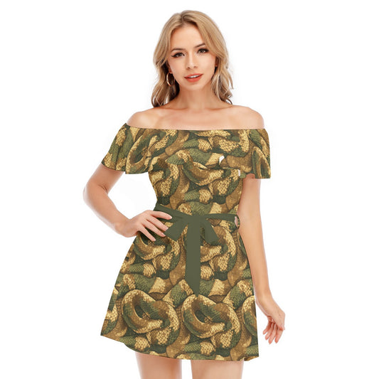 Animal Print - Snake - Women's Off-shoulder Ruffle Dress