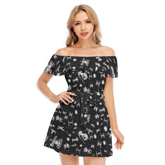Epic Space Battle Ships - Women's Off-shoulder Ruffle Dress