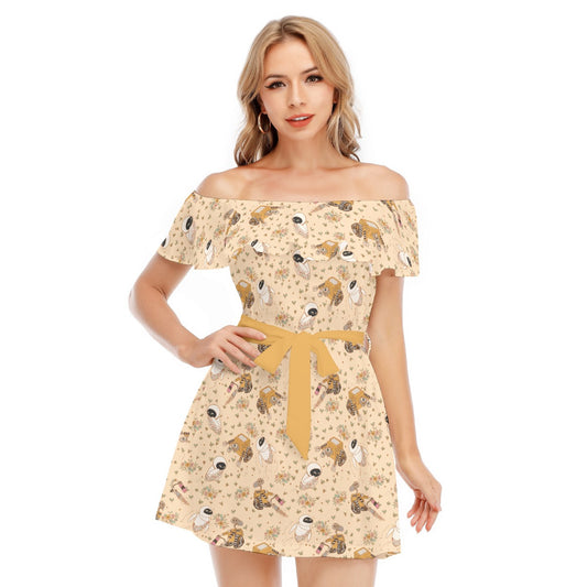 Botanical Robot Love Story - Women's Off-shoulder Ruffle Dress
