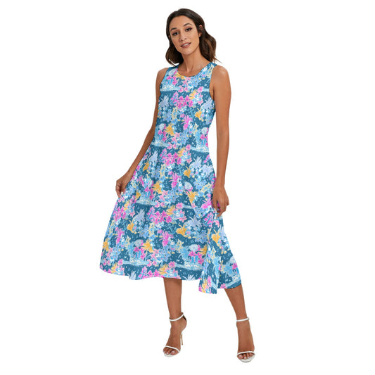 Bright Tropical Whimsy - Steamboat Mickey - Women’s Diagonal Pocket Midi Dress