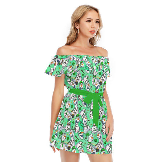 Sketched Snowman St. Patrick’s Day - Women's Off-shoulder Ruffle Dress