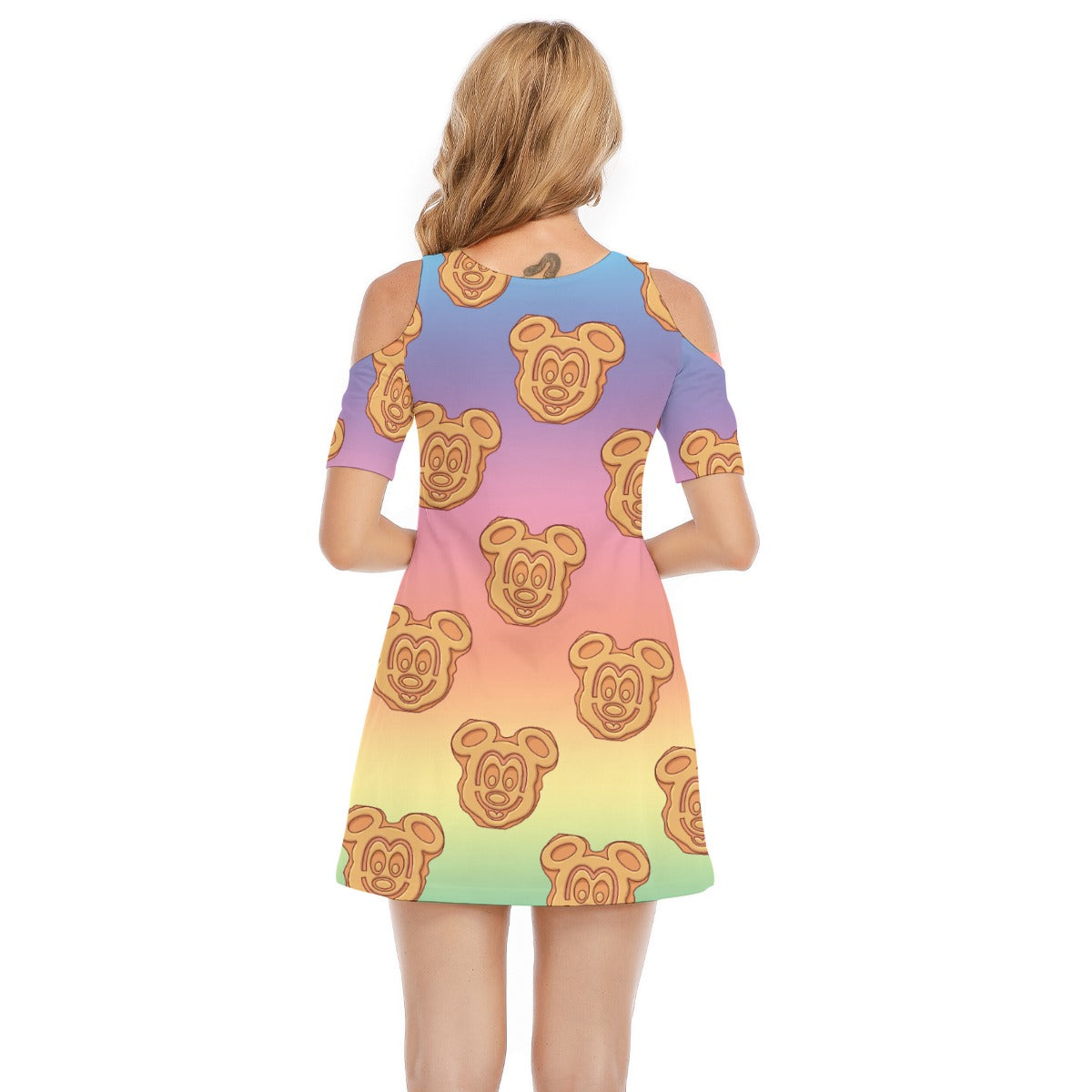 Rainbow Mouse Waffles - Women's Cold Shoulder Cotton Dress