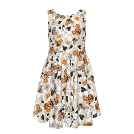 Checkered Halloween Ghosts & Pumpkinskins - Kid's Sleeveless Skater Dress