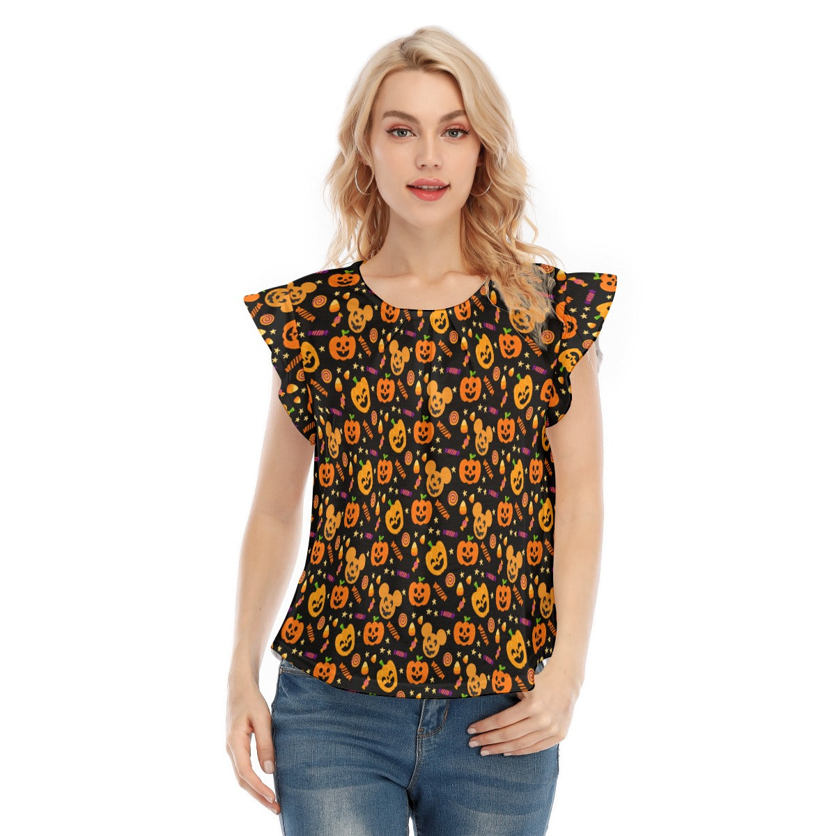Cheerful Pumpkin Mouse Halloween - Women’s Flutter Sleeve Top