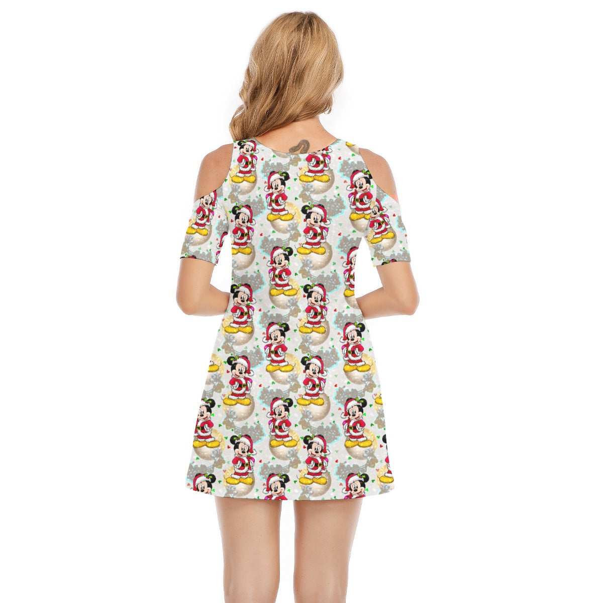 Santa Mouse Celebration - Women's Cold Shoulder Cotton Dress