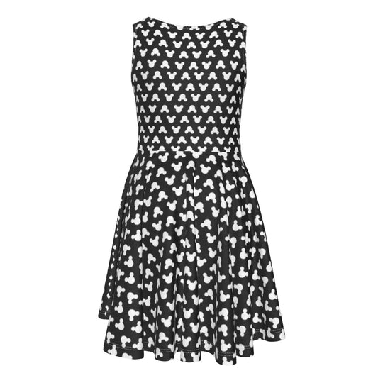 Playful Polka Dot Ears Black - Kid's Sleeveless Skater Dress