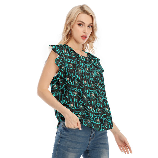 Electric Neon Grid Adventure - Women’s Flutter Sleeve Top