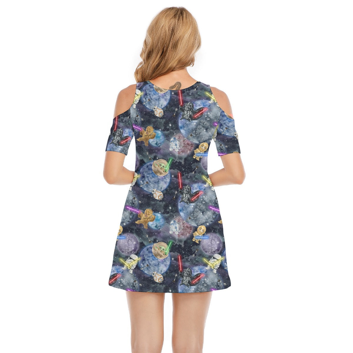 Watercolor Cosmic Battle - Women's Cold Shoulder Cotton Dress