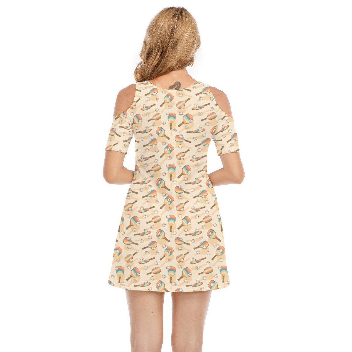 Retro Pickleball Volley - Women's Cold Shoulder Cotton Dress