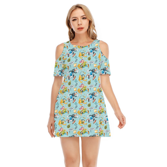 Cheerful Race Day Dashers - Women's Cold Shoulder Cotton Dress