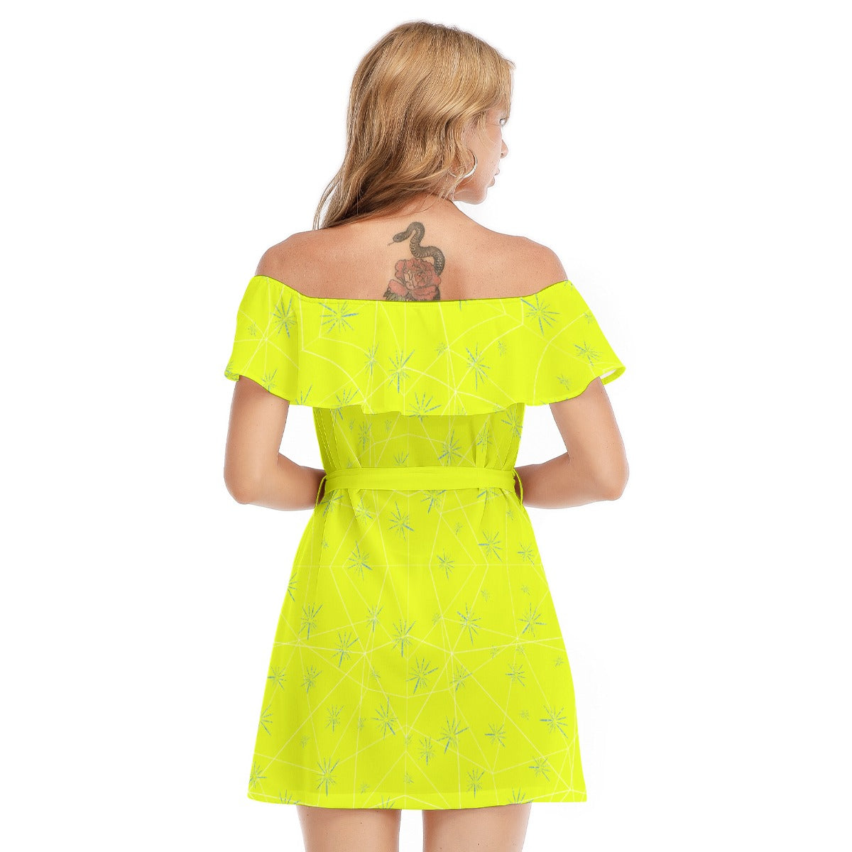 Joyful Blue & Yellow Florals - Women's Off-shoulder Ruffle Dress