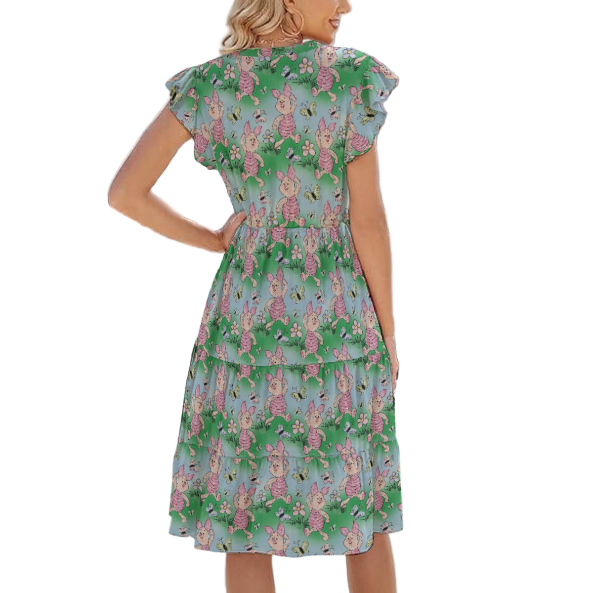 Sketched Shy Friend and Butterflies - Women's Tiered Pocket Midi Dress