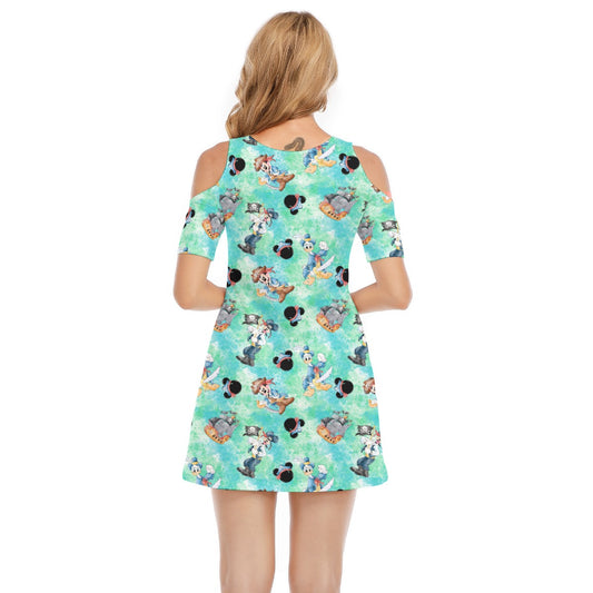 Pirate Crew Watercolor Adventure - Women's Cold Shoulder Cotton Dress