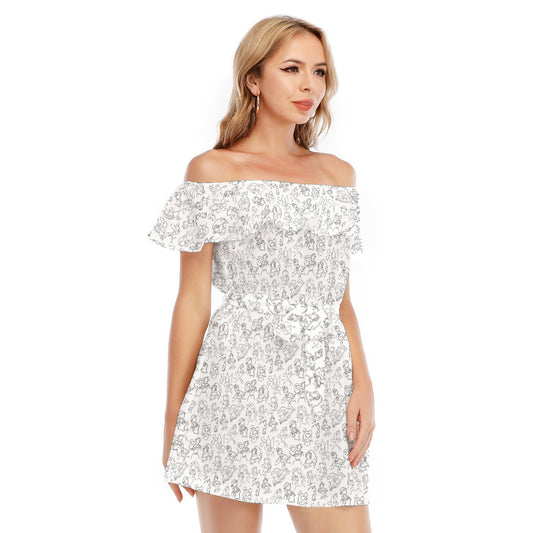 Monochrome Royal Silhouettes - Women's Off-shoulder Ruffle Dress