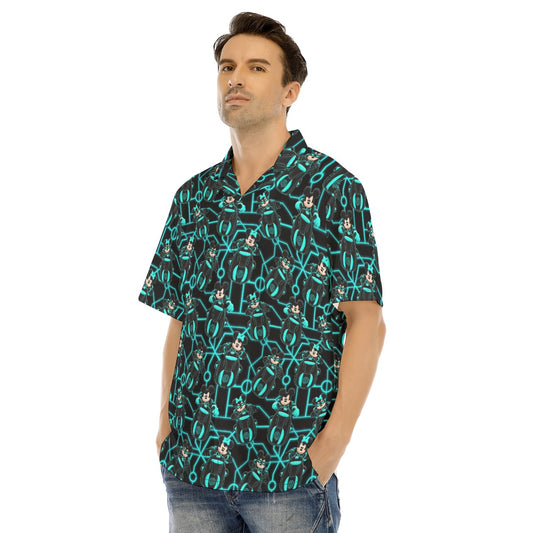 Electric Neon Grid Adventure - Men's Hawaiian Button Up Shirt