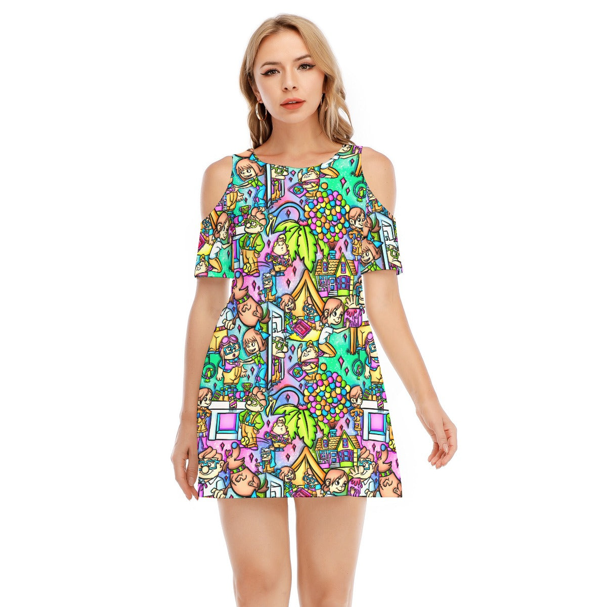 Balloon House Adventure Scenes - Women's Cold Shoulder Cotton Dress