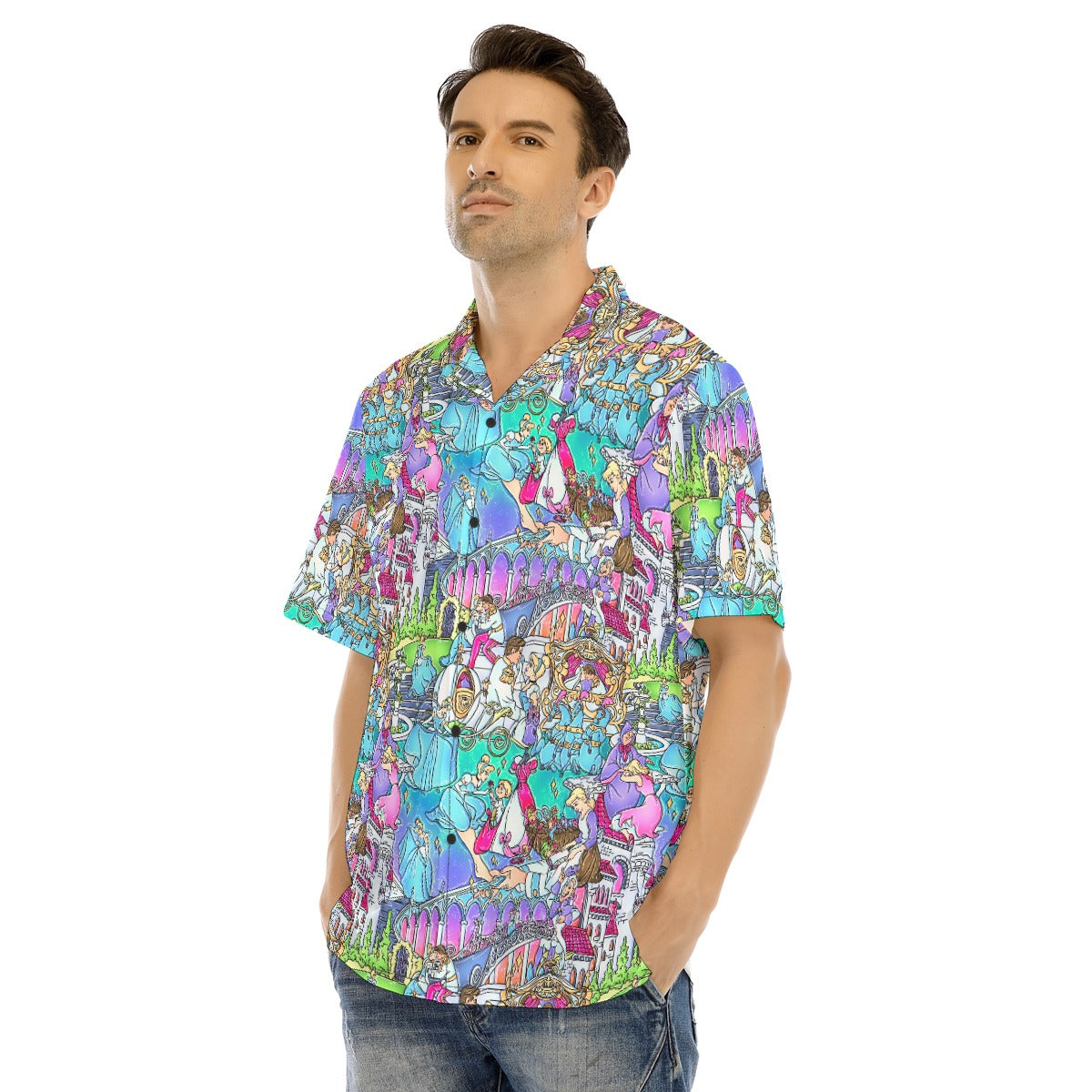Glass Slipper Storybook Scenes - Men's Hawaiian Button Up Shirt