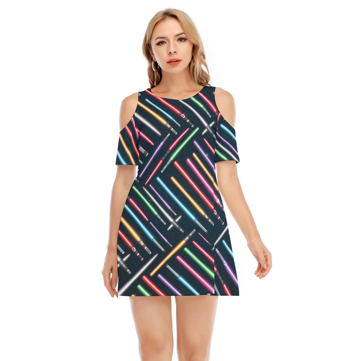 Vibrant Galaxy Sabers - Women's Cold Shoulder Cotton Dress