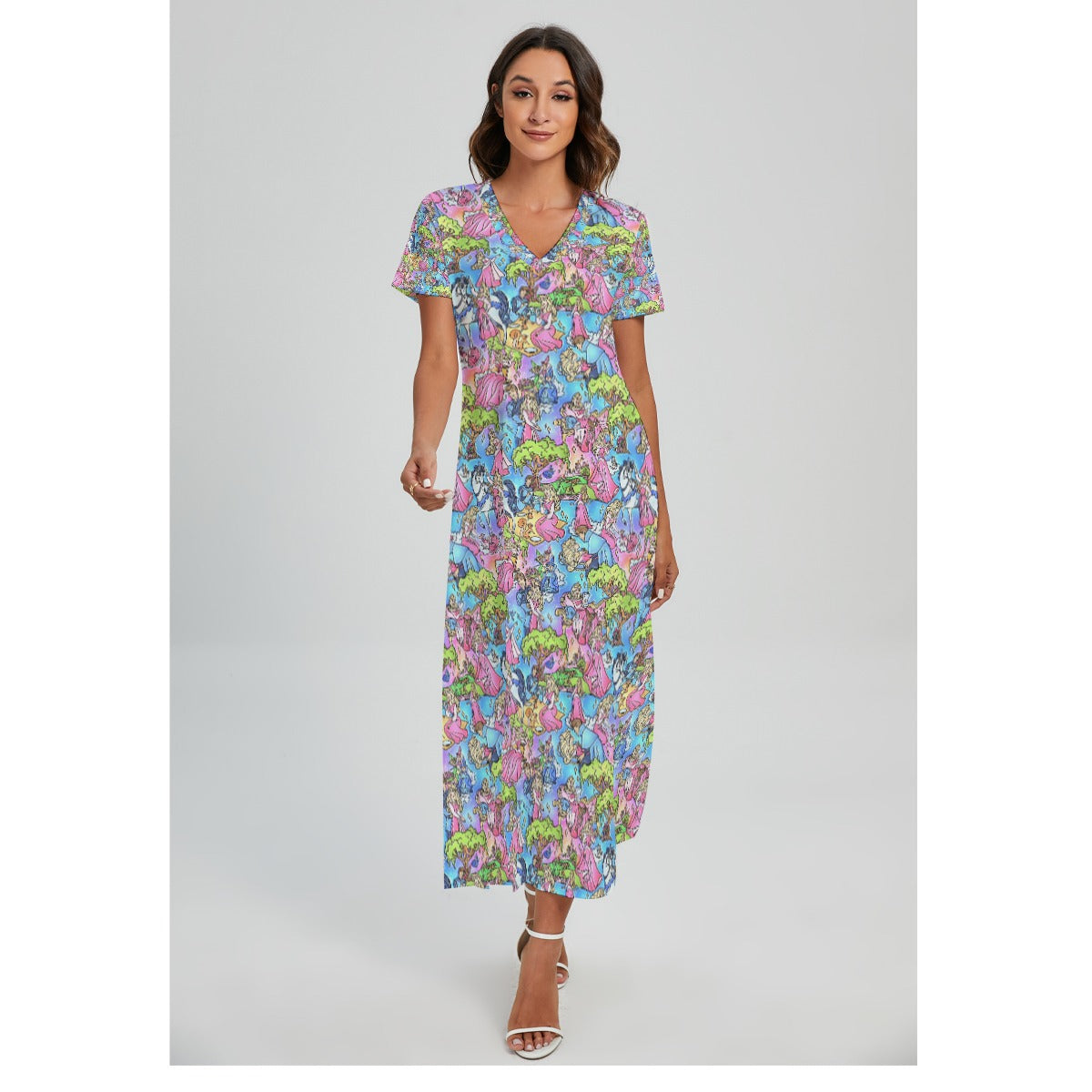 Dreaming Princess Storybook Scenes - Women's V-Neck Side Split Maxi Dress