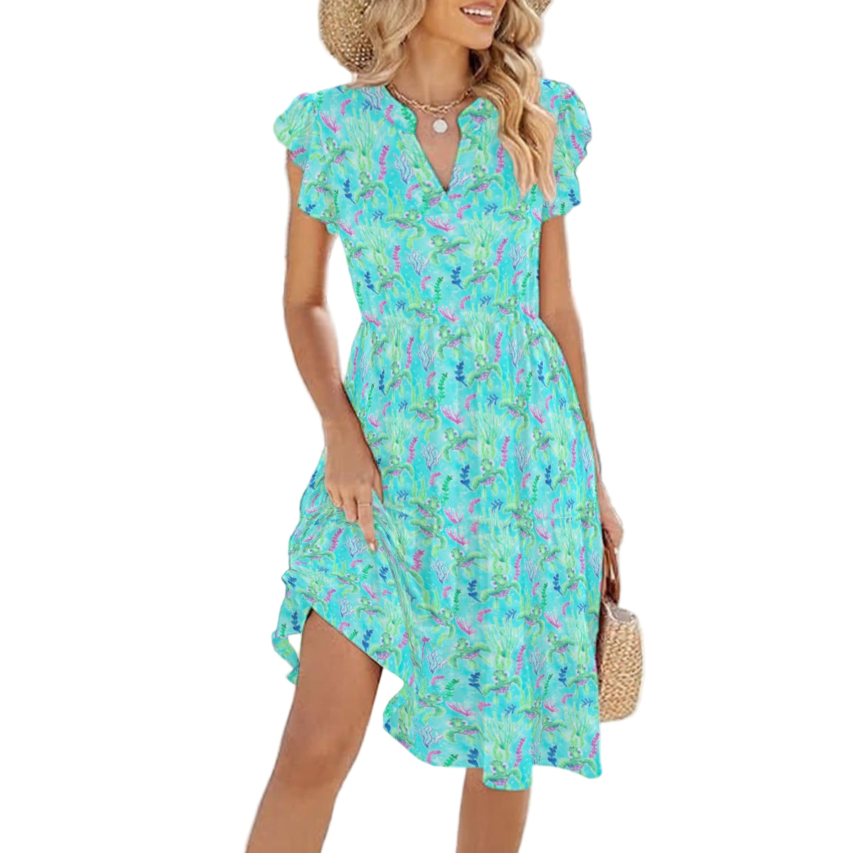 Neon Floral Baby Turtle - Women's Tiered Pocket Midi Dress