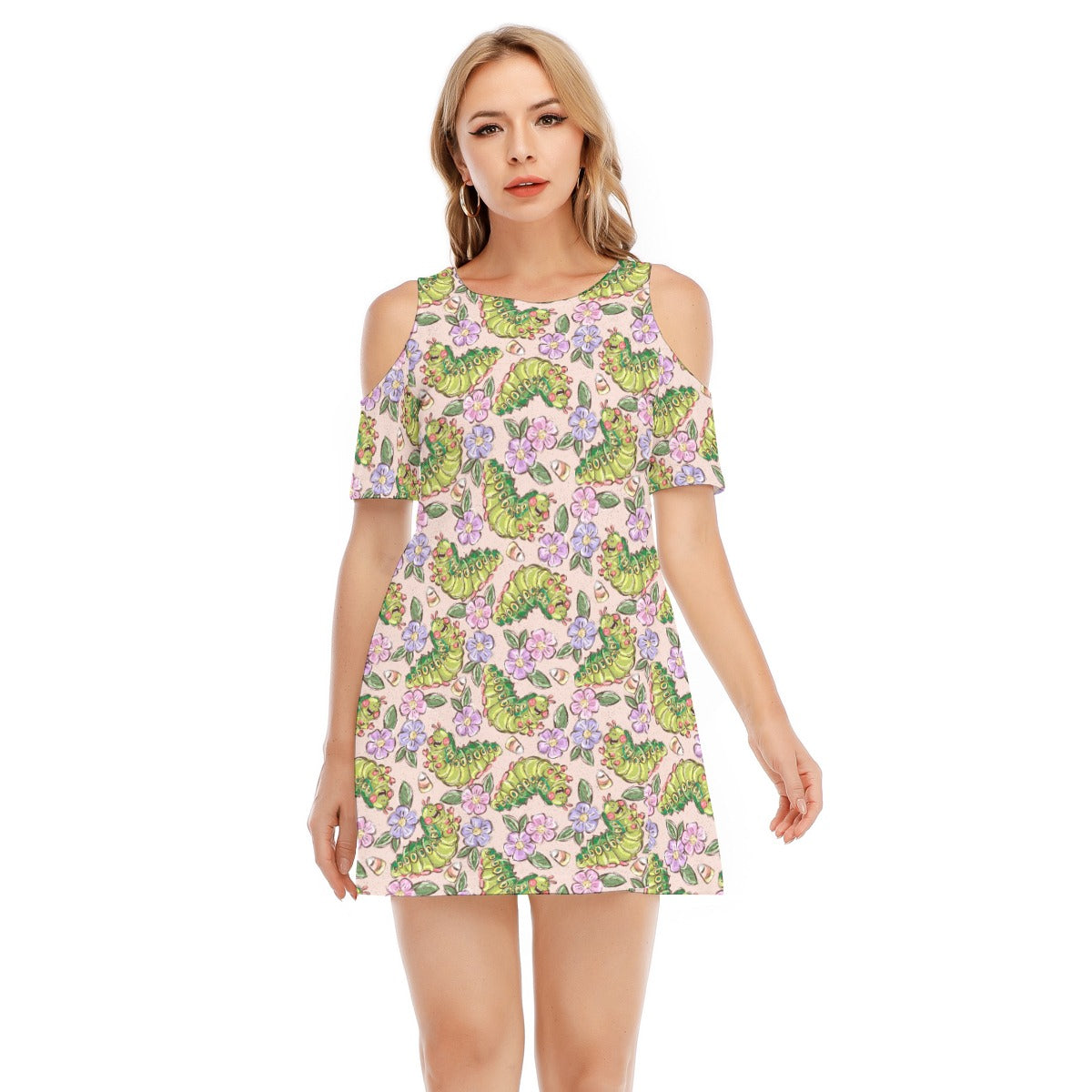 Cheerful Caterpillar Garden - Women's Cold Shoulder Cotton Dress