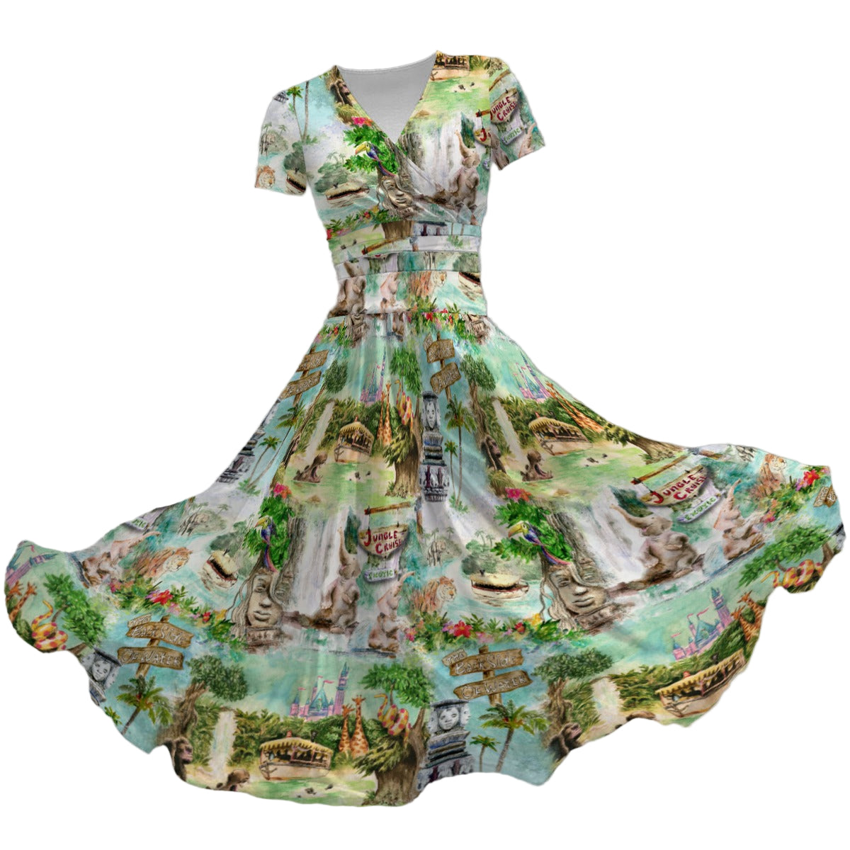 Jungle River Cruise - Women's V-Neck Ruched Midi Dress