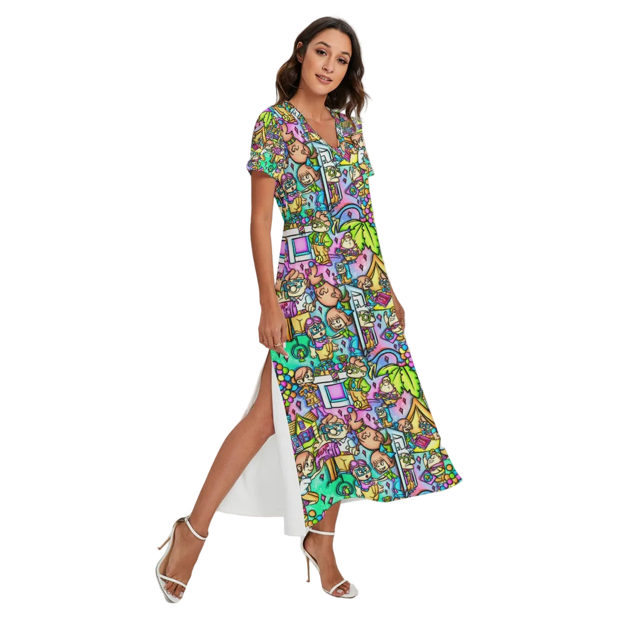 Balloon House Adventure Scenes - Women's V-Neck Side Split Maxi Dress
