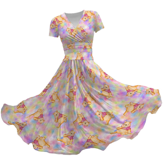 Watercolor Honey Bear - Women's V-Neck Ruched Midi Dress