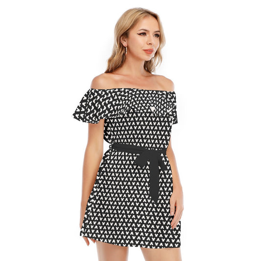Playful Polka Dot Ears Black - Women's Off-shoulder Ruffle Dress
