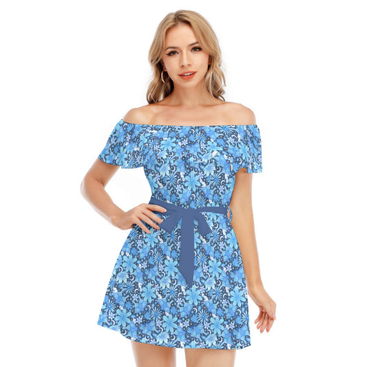 Blue Crystal Moths - Women's Off-shoulder Ruffle Dress