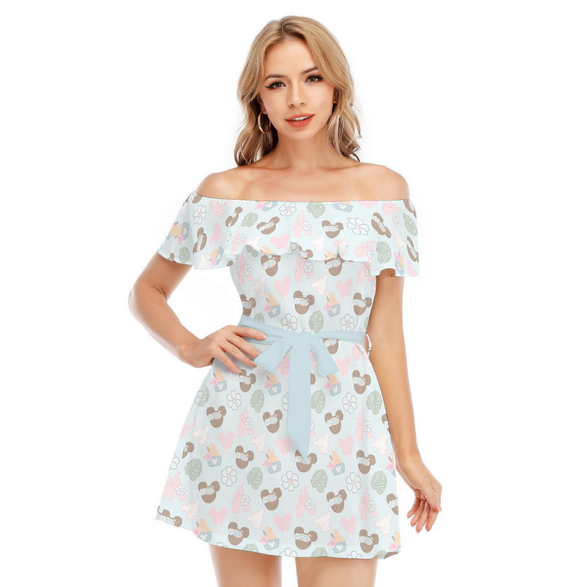 Pastel Island Treats - Women's Off-shoulder Ruffle Dress