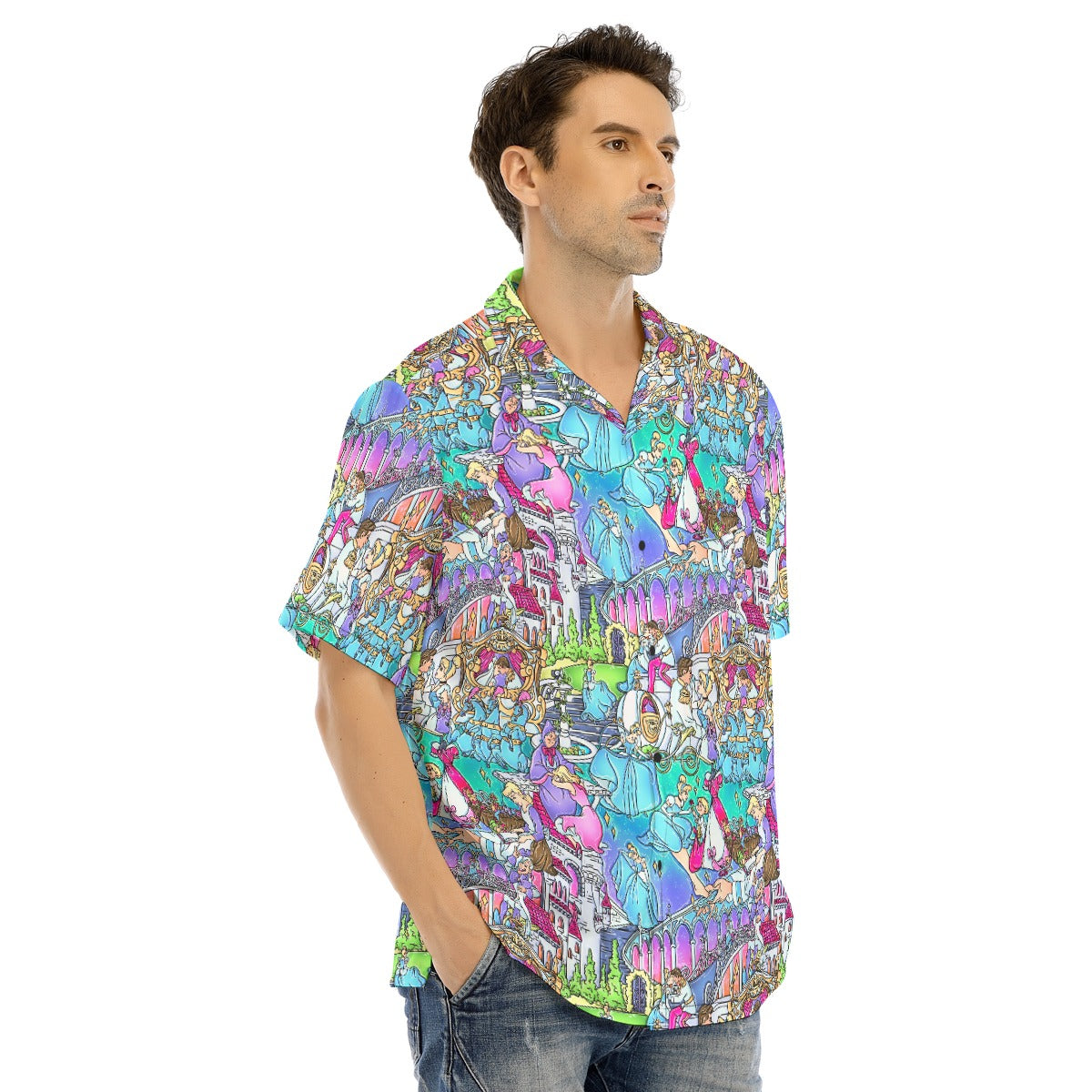 Glass Slipper Storybook Scenes - Men's Hawaiian Button Up Shirt
