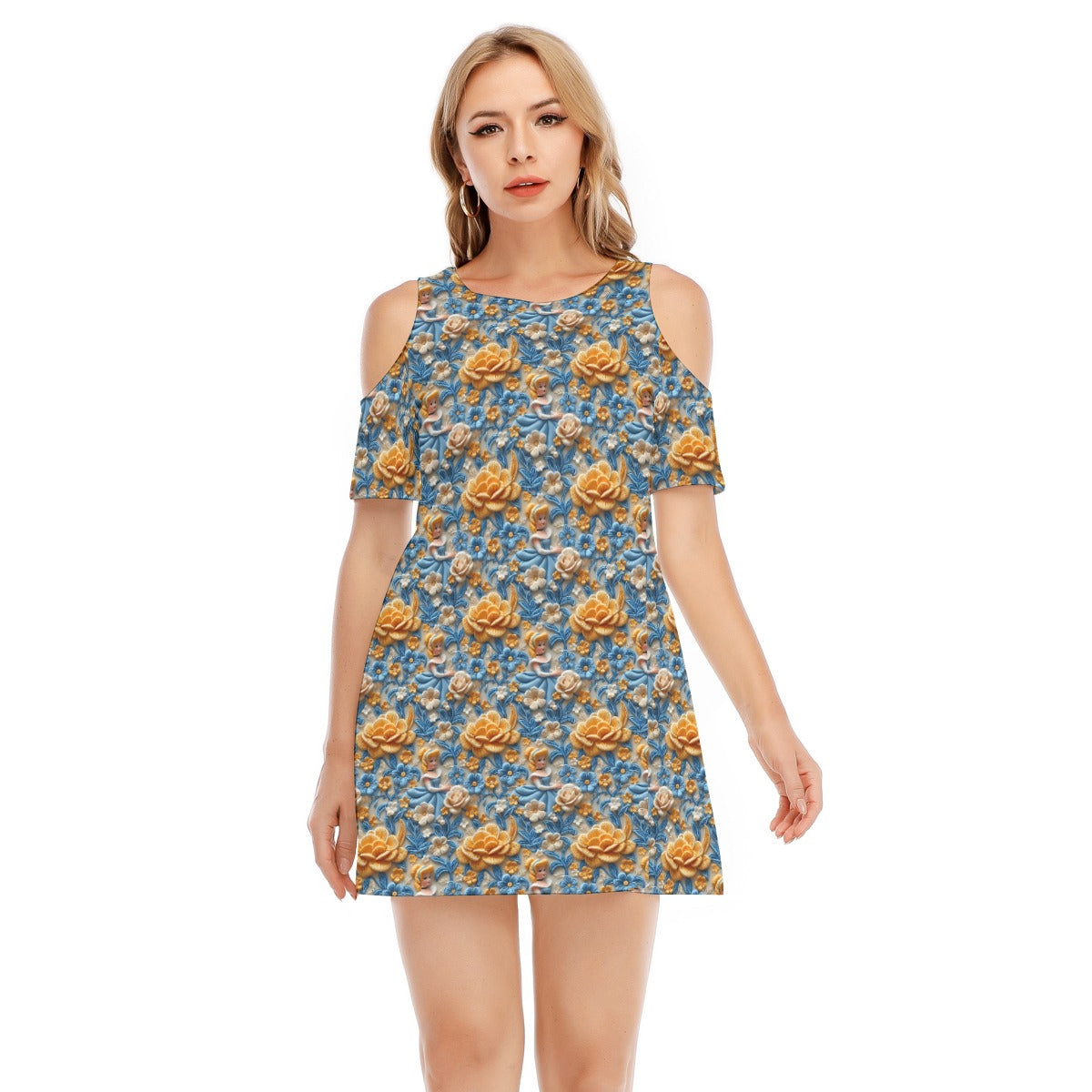 Regal Embroidered Royal Maiden - Women's Cold Shoulder Cotton Dress