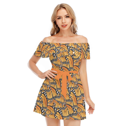 Animal Print - Monarch Butterfly - Women's Off-shoulder Ruffle Dress