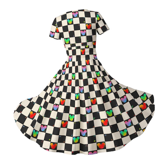 Rainbow Checker Mouse Ears - Women's V-Neck Ruched Midi Dress
