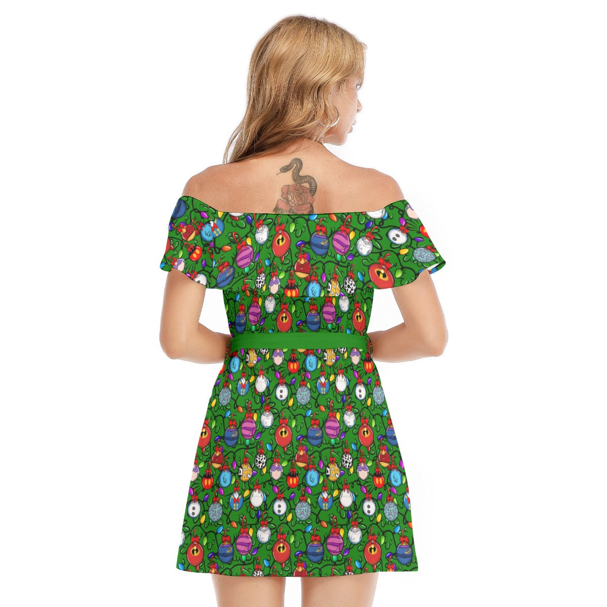 Festive Character Baubles on Green - Women's Off-shoulder Ruffle Dress
